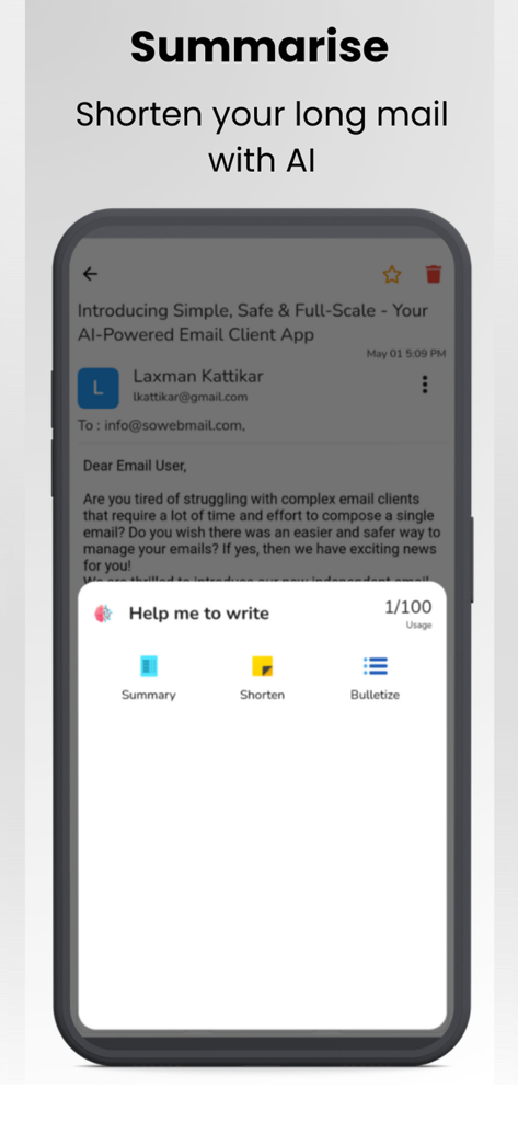 Webmail App - A mobile interface of Webmail App showing an AI-powered email writing assistant with summary and shorten options.