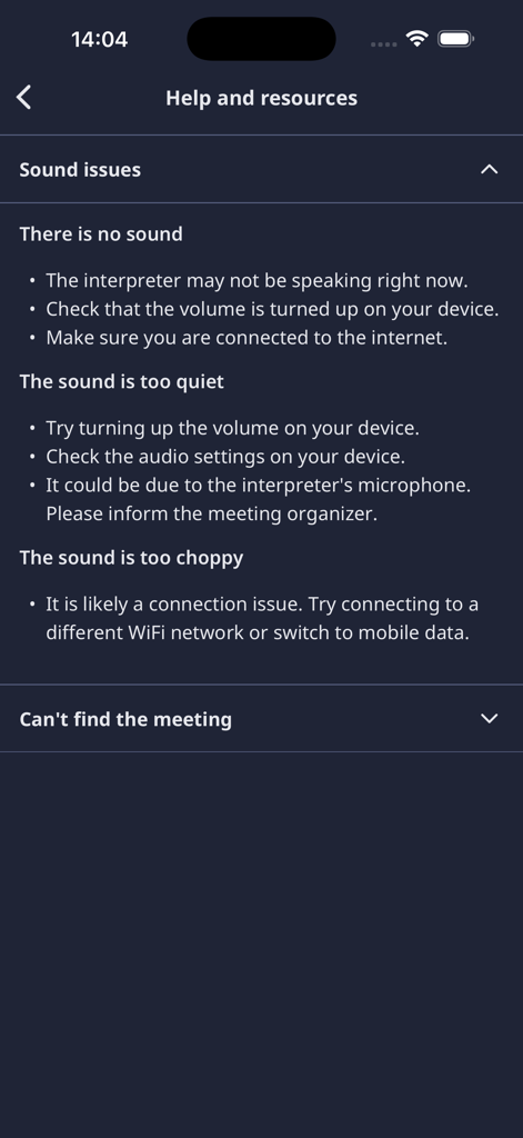 FIFA Interpreting - The help and resources screen of the FIFA Interpreting app showing troubleshooting tips for sound issues.