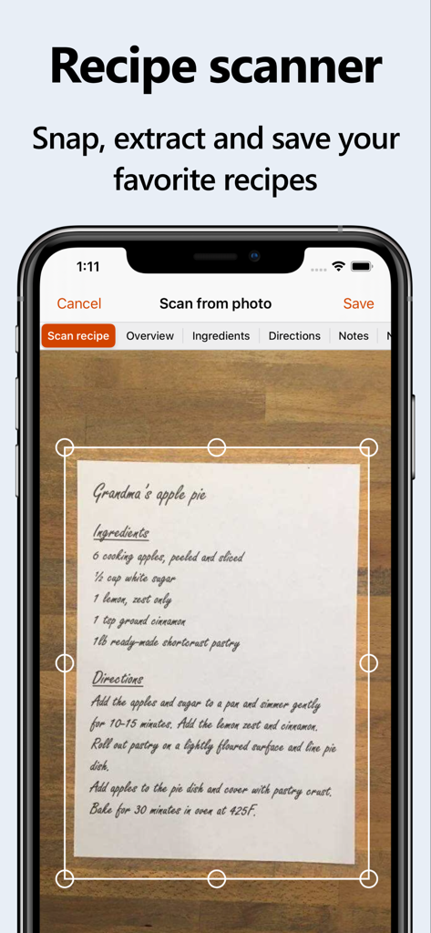 Recipe Keeper - Smartphone scanning a handwritten apple pie recipe using the Recipe Keeper app