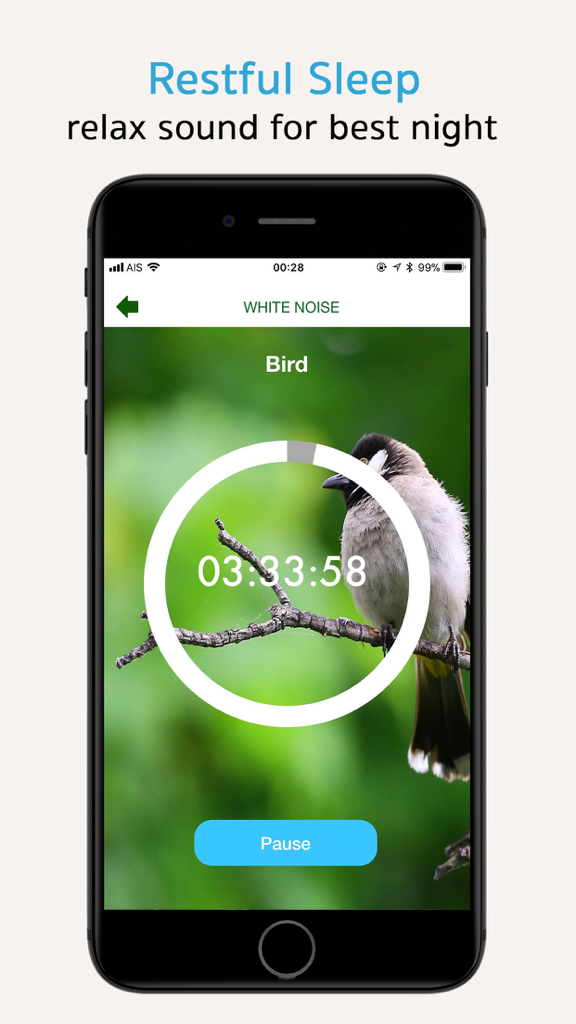 7-Minute Workout and Calm Mind - iPhone screen showing white noise sleep feature with bird sound and timer
