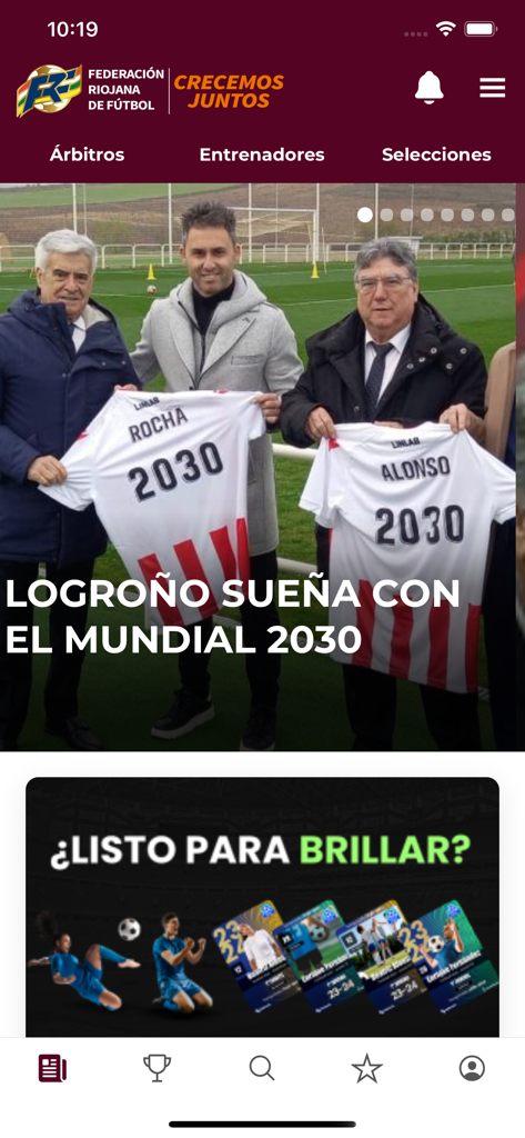 FRF - Pantalla de inicio de la app de fútbol FRF con noticias sobre Logroño y el Mundial de 2030