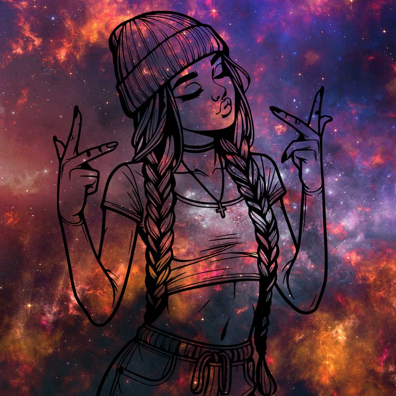 realistic teenage girl with braids and a beanie and crop top doing 🫶🏼