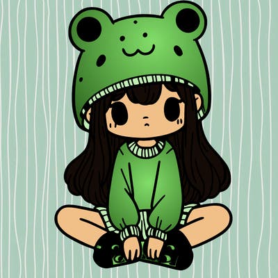 a girl wearing a frog hat and some frog socks