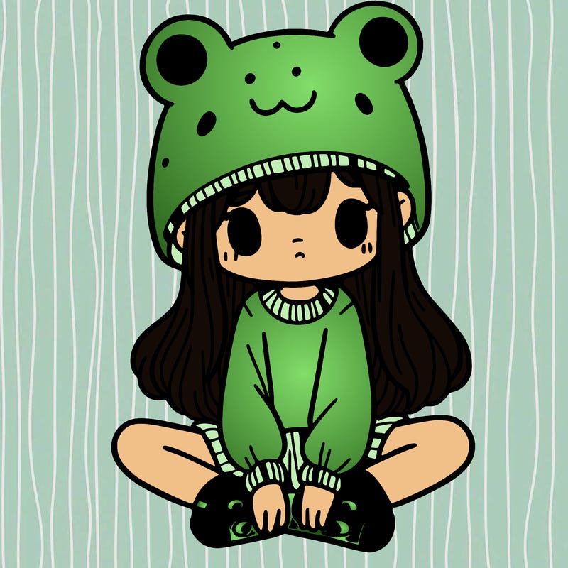 a girl wearing a frog hat and some frog socks