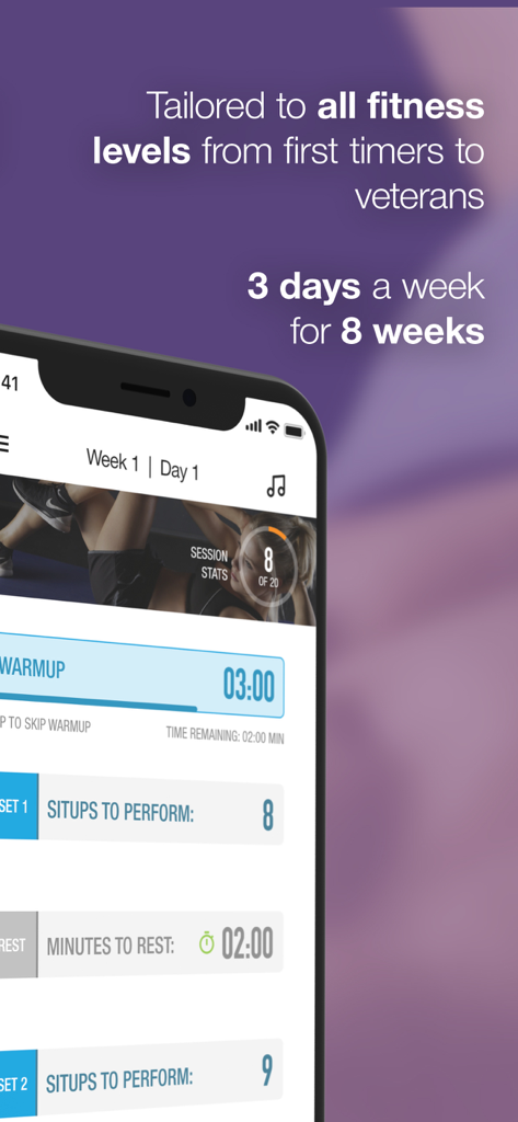 Interface of the 0 to 200 Situps Trainer app displaying an 8 week workout schedule and exercise rep counts