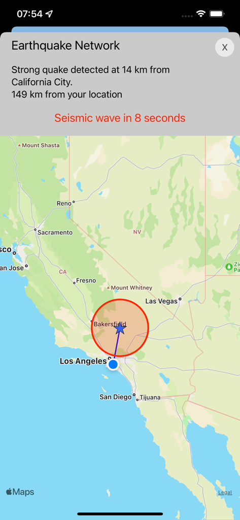Real-time earthquake early warning alert on a map showing the epicenter and countdown to the seismic wave.