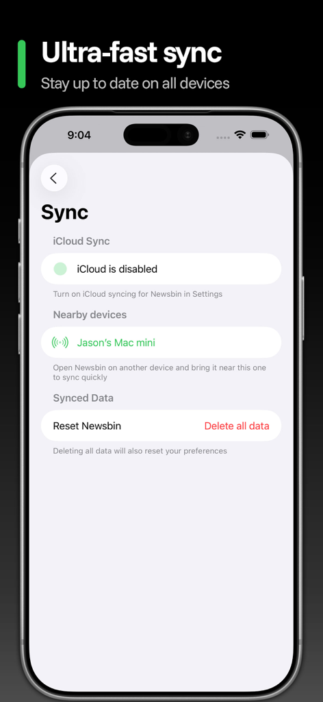 Synchronisierungseinstellungen der Newsbin RSS Readers auf einem iPhone, die iCloud- und Geräte-zu-Gerät-Synchronisierungsoptionen anzeigen.