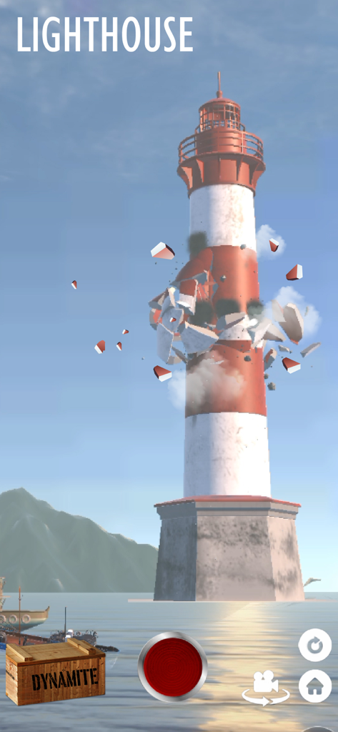 A red and white lighthouse exploding with debris flying in the Fake Island Demolish physics game