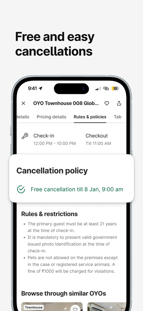 OYO: Hotel Booking App & Deals - OYOホテルの予約アプリのインターフェース。無料キャンセルポリシーとホテルのルールが表示されています。