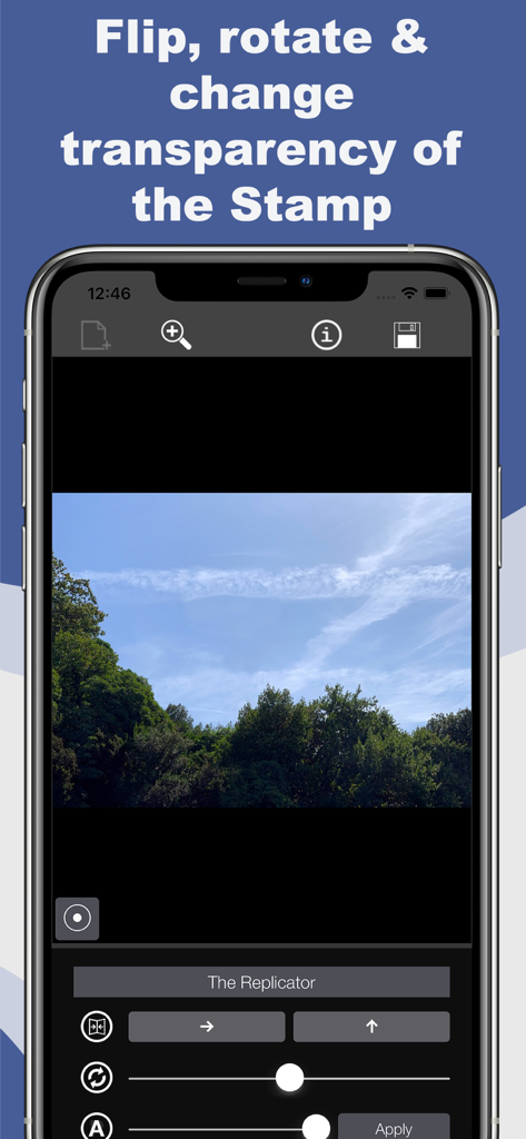 Replicator Tool - Clone Stamp - Interface do Replicator Tool mostrando controles deslizantes de inverter, girar e transparência para edição de fotos