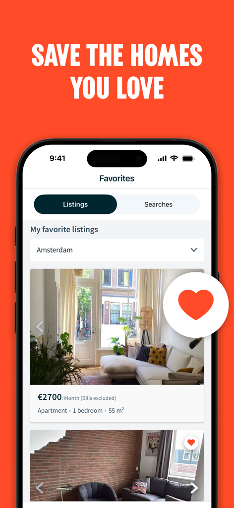 Mobile interface of the HousingAnywhere app displaying a list of favorite apartment rentals