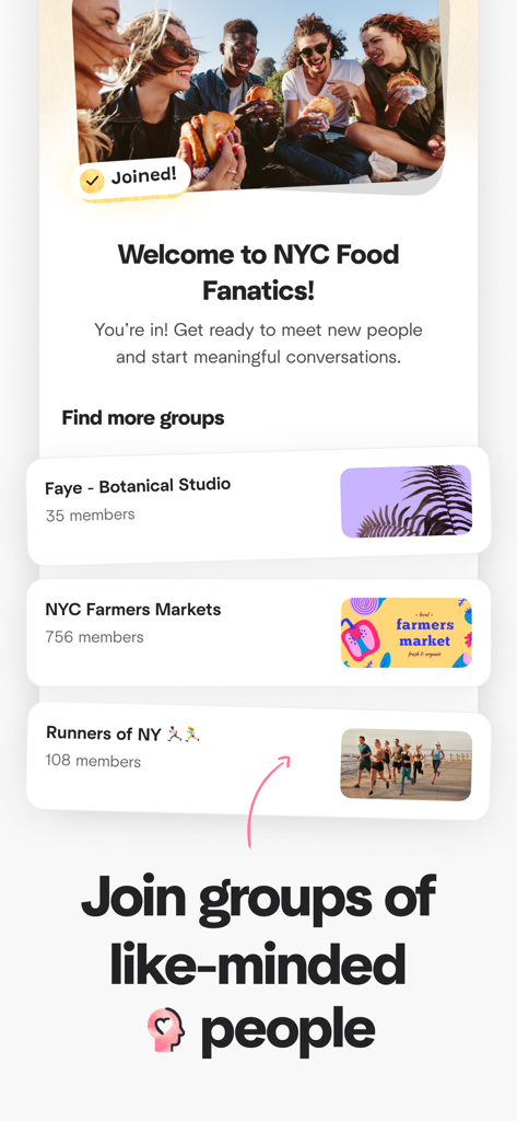 A mobile screen from the Meetup app showing a food group welcome message and a list of local interest groups.