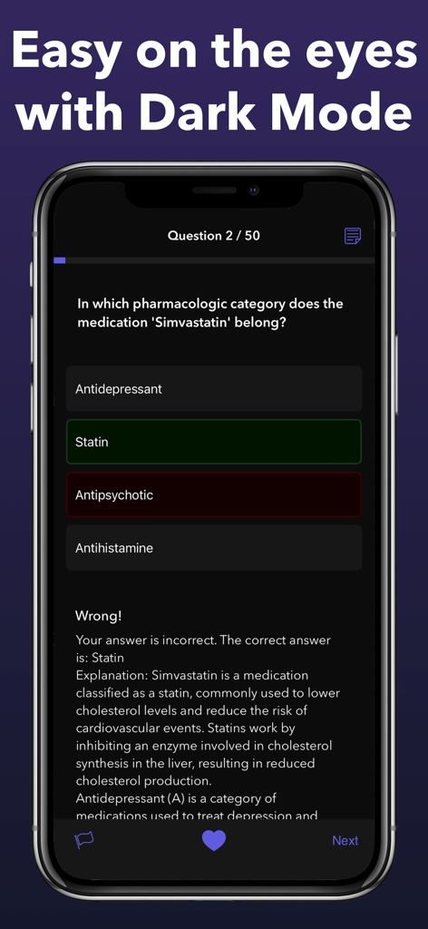 PTCB & PTCE Test Prep 2026 - A pharmacy technician certification exam practice question displayed in dark mode on a smartphone