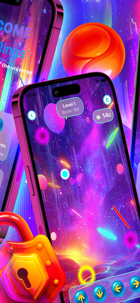 Plifall Rings physics puzzle game level with vibrant space theme and neon rings