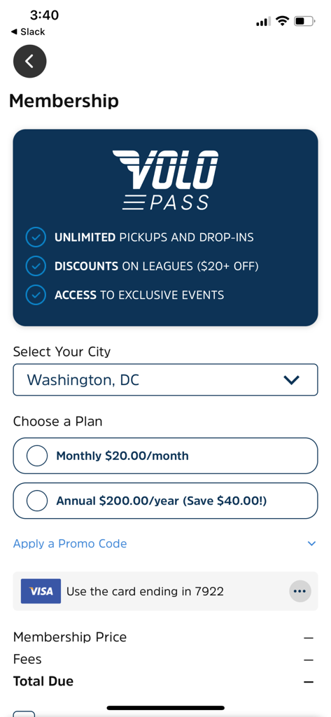 Membership registration page for the Volo Pass showing subscription plans and benefits like league discounts
