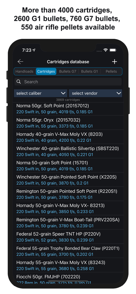 Chairgun Elite app displaying a comprehensive searchable database of thousands of ballistic cartridges and bullets