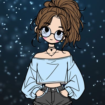 girl with a messy ponytail glasses a baggy crop top and jean shorts