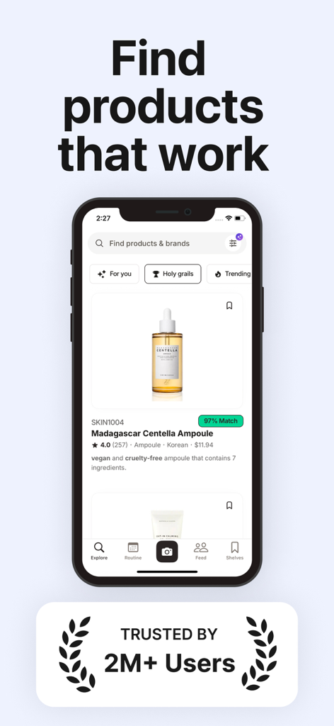 SkinSort - Skincare Scanner - SkinSort app interface showing a 97 percent match for a skincare product and a trust badge for 2 million users