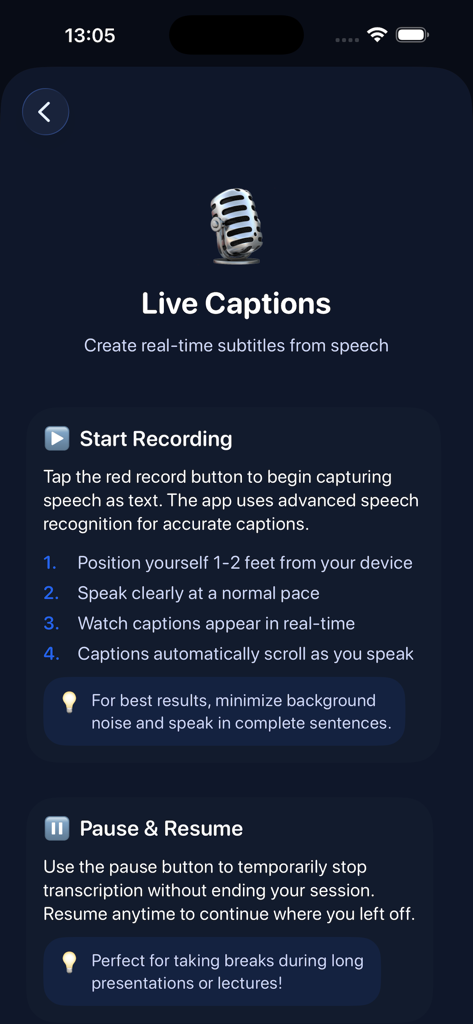 Una schermata di istruzioni per Live Transcribe Pro che spiega come avviare la registrazione di sottotitoli in tempo reale dal parlato.