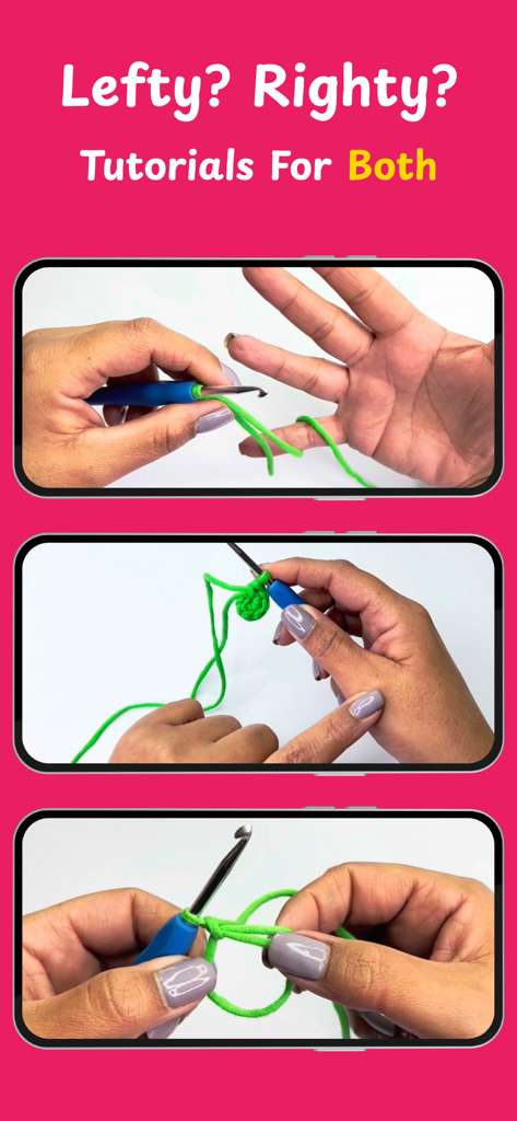 Screenshot of Loopy app showing video tutorials for both left-handed and right-handed crochet beginners