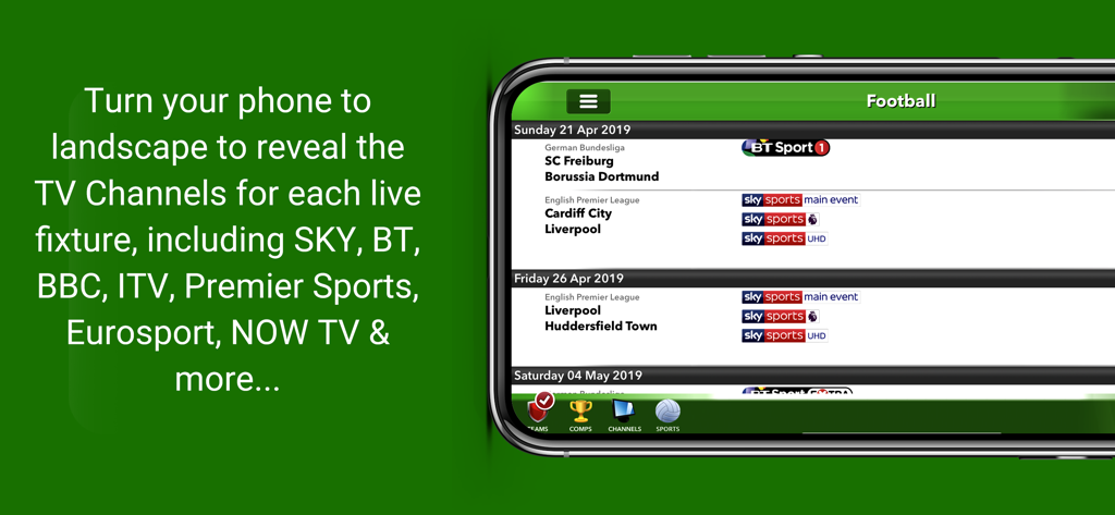 WherestheMatch - Aplicación WherestheMatch en modo horizontal que muestra partidos de fútbol y canales de TV de transmisión como Sky Sports y BT Sport