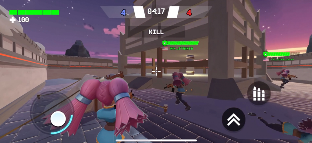 Venge Arena: Online Shooter - Third-person perspective of a 3v3 team battle in the Venge Arena mobile game showing character combat and UI elements.