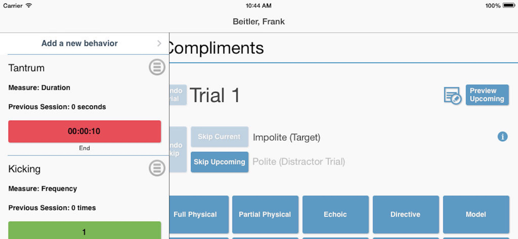 Skills® LogBook - Interface of the Skills LogBook app for real-time behavior tracking during ABA therapy