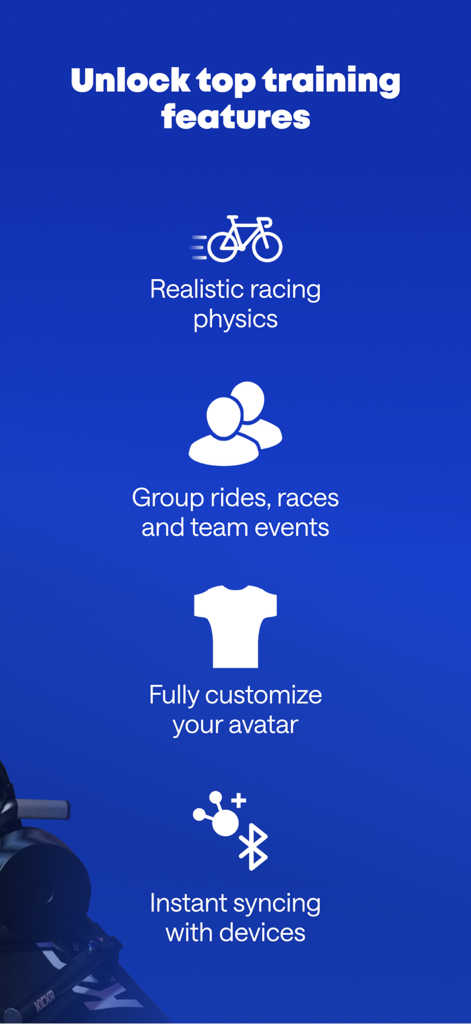 TrainingPeaks Virtual Cycling - Liste des fonctionnalités clés de TrainingPeaks Virtual Cycling, y compris la physique réaliste, les courses de groupe, la personnalisation d'avatar et la synchronisation des appareils.