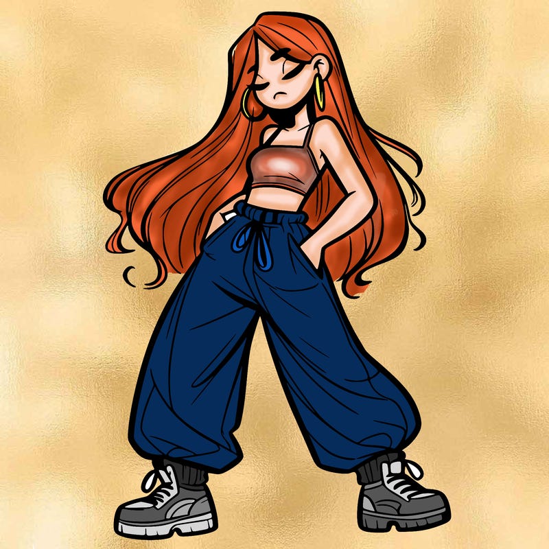girl in baggy pants crop top and long hair