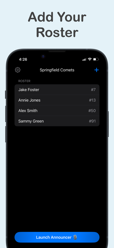 MyHockeyAnnouncer - Live - Screenshot of the roster management screen in the MyHockeyAnnouncer app showing a list of players and jersey numbers