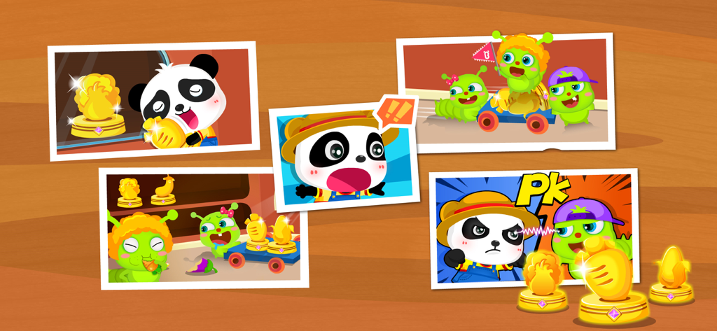 A collection of game scenes from Panda Math Farm showing Kiki the panda and pests stealing trophies.