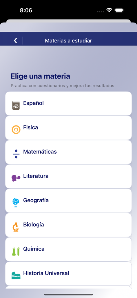 Mi guia UNAM PRO - Un elenco di materie accademiche per la preparazione all'esame di ammissione UNAM, tra cui Spagnolo, Fisica, Matematica e Biologia