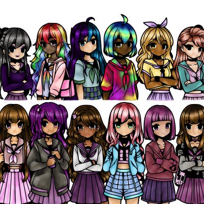 different anime girls in a row