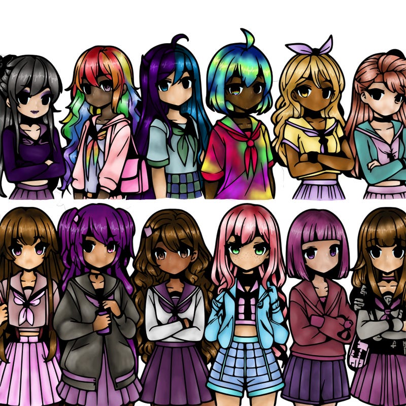 different anime girls in a row