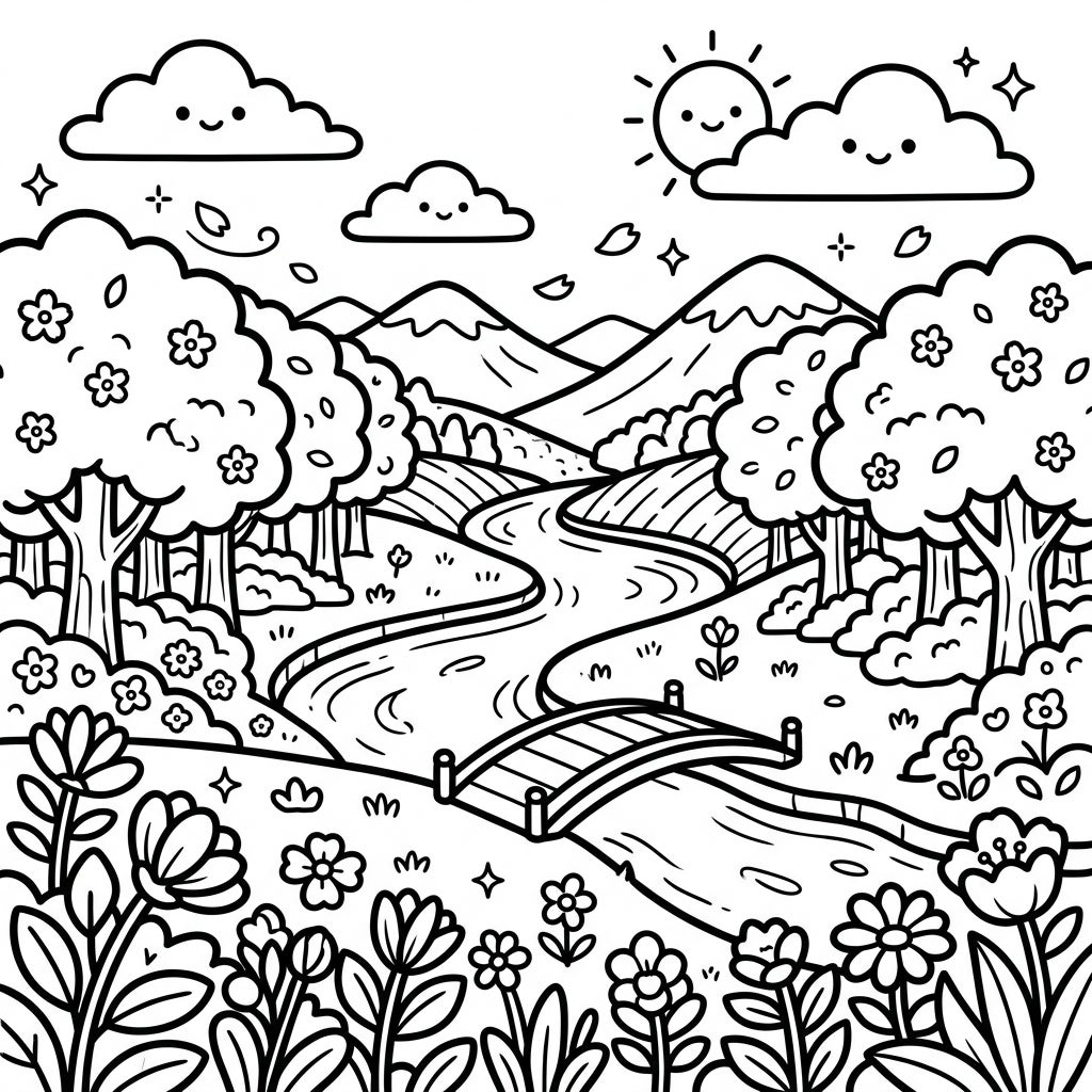 Kawaii Spring Landscape Coloring Page - Nature Fun