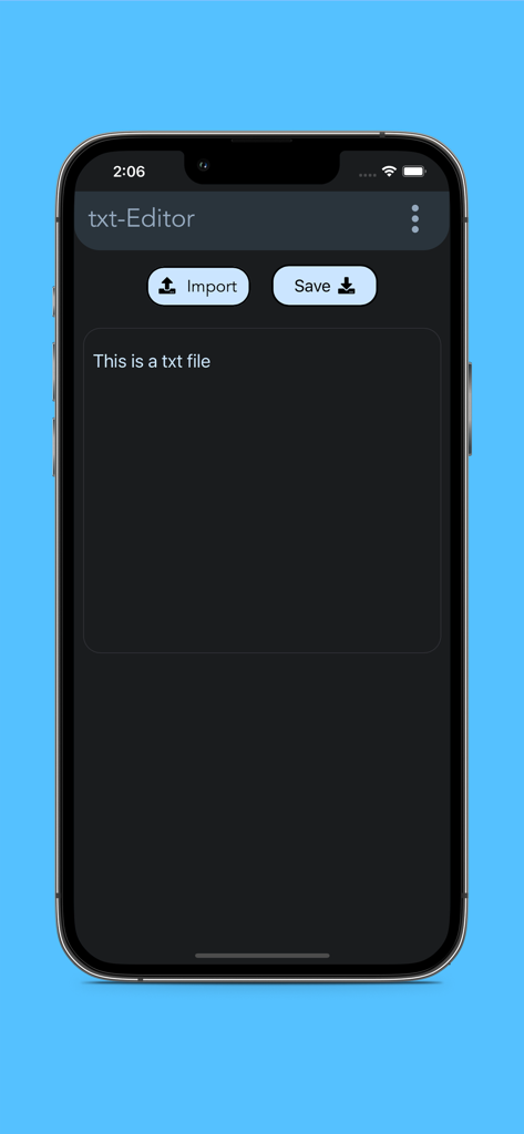 txt Editor - Text Editor - Interface of the txt Editor app on an iPhone showing import and save buttons with a dark mode text editing field