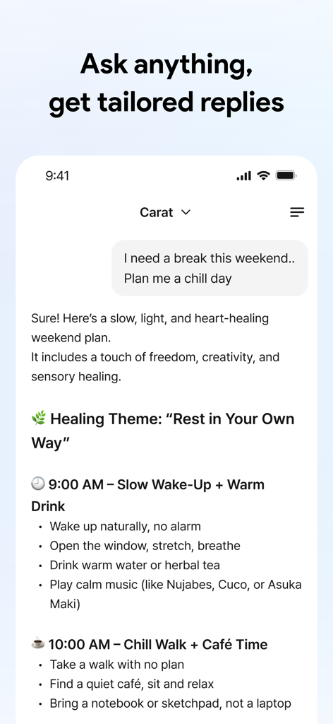 Carat - Create Anything - A screenshot of the Carat app showing an AI agent providing a personalized weekend itinerary response