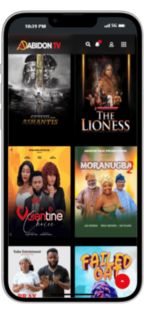 Abidon-TV - Abidon TV app displaying a selection of African and Nollywood movies on a smartphone screen