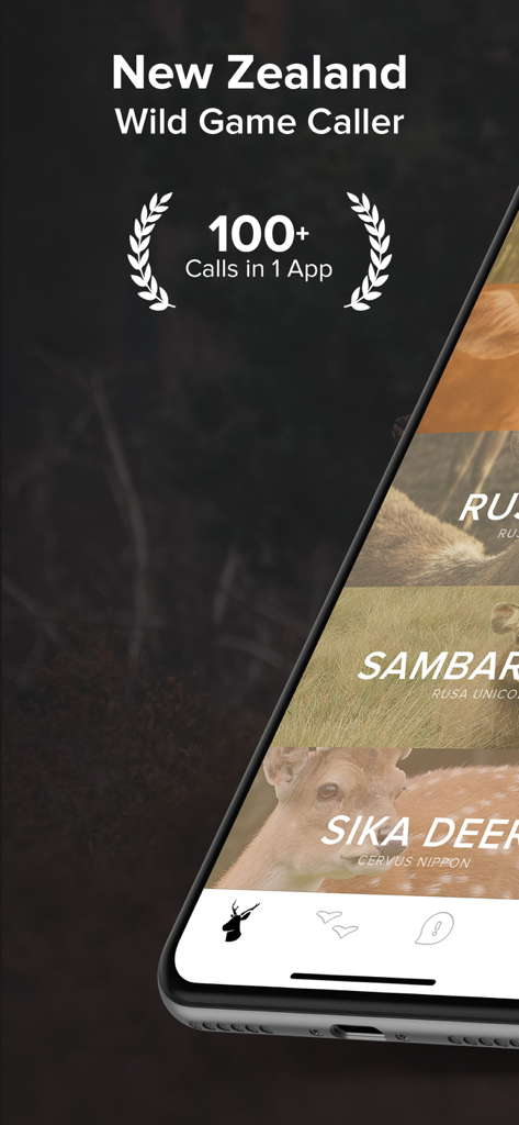 Game Calls NZ - Game Calls NZ mobile app screen showing New Zealand Wild Game Caller title and deer species list