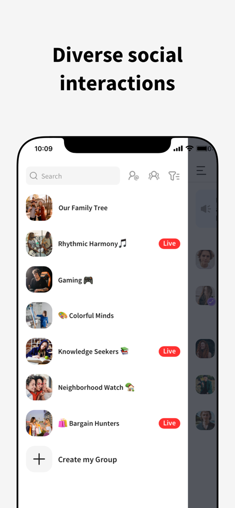Fambase: Live & Group Chat - Screenshot der Fambase-App, der verschiedene Community-Gruppen und Live-Chat-Optionen anzeigt
