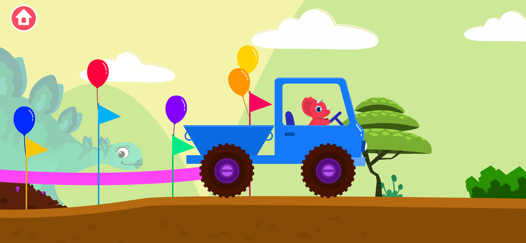 Un dinosaure rouge conduisant un camion bleu décoré de ballons colorés et de drapeaux dans un paysage préhistorique de dessin animé