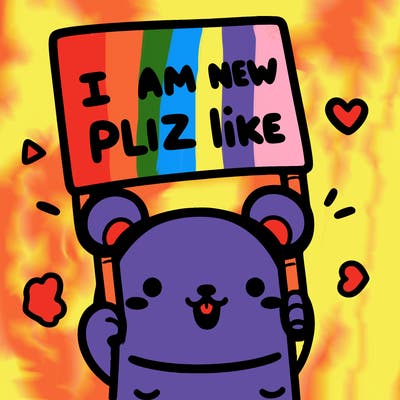 cute bear holding sign saying “i am new plz like”