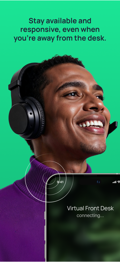 Virtual Front Desk Mobile - A smiling professional with a headset using the Virtual Front Desk mobile app to stay responsive away from their desk