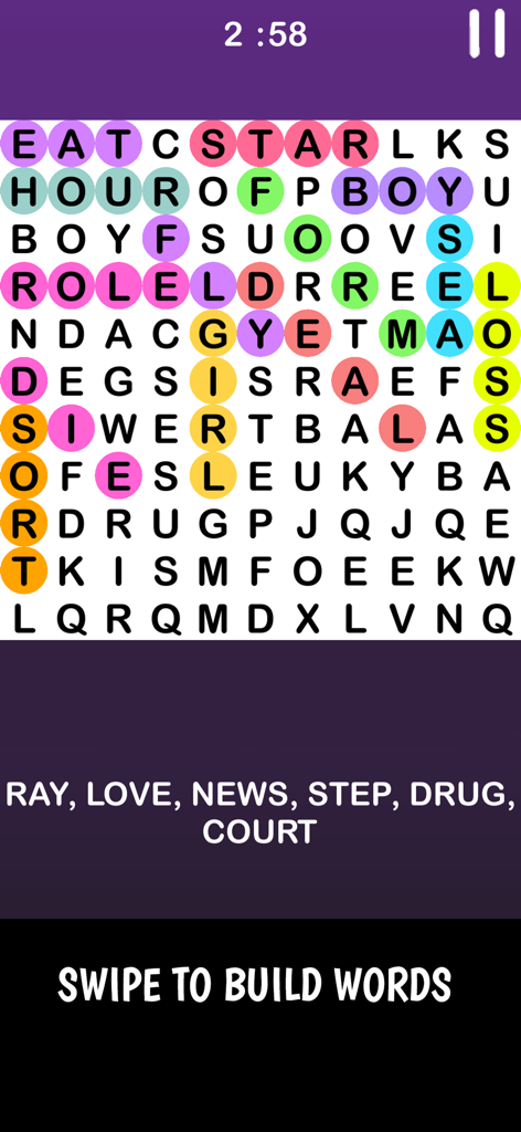 Infinte Crossword Puzzle Game - Jugabilidad del Crucigrama Infinito que muestra una cuadrícula de letras colorida y una lista de palabras para encontrar