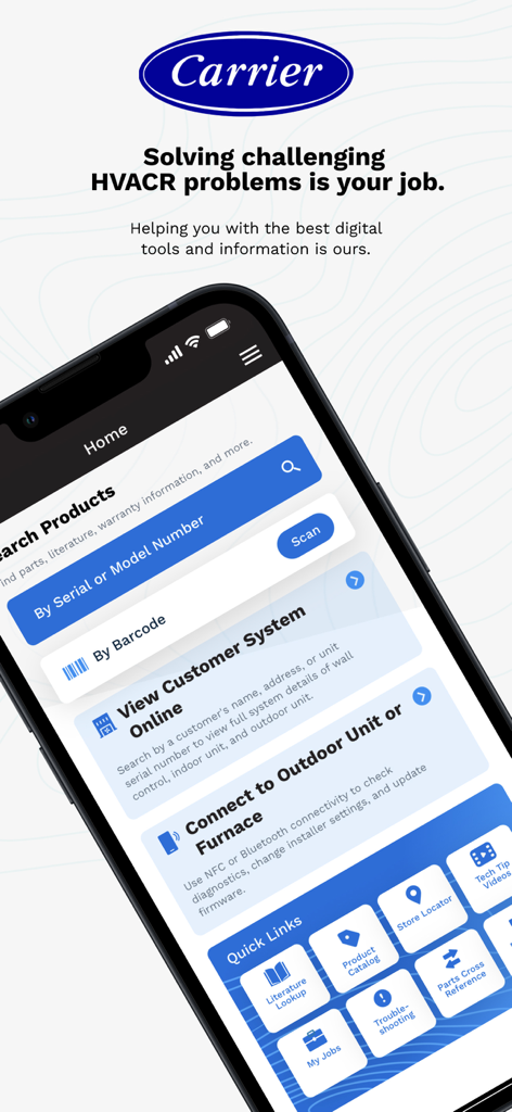 Carrier® Service Technician - Home screen of the Carrier Service Technician app displaying HVAC product search and diagnostic tools