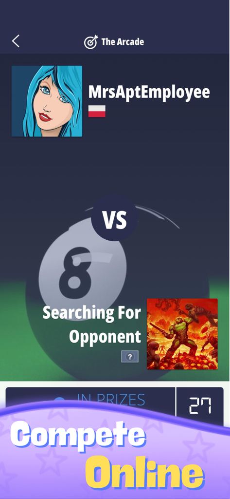 Pocket Money Pool - Win Cash - Pocket Money Pool app interface showing a player profile and searching for an opponent to compete online