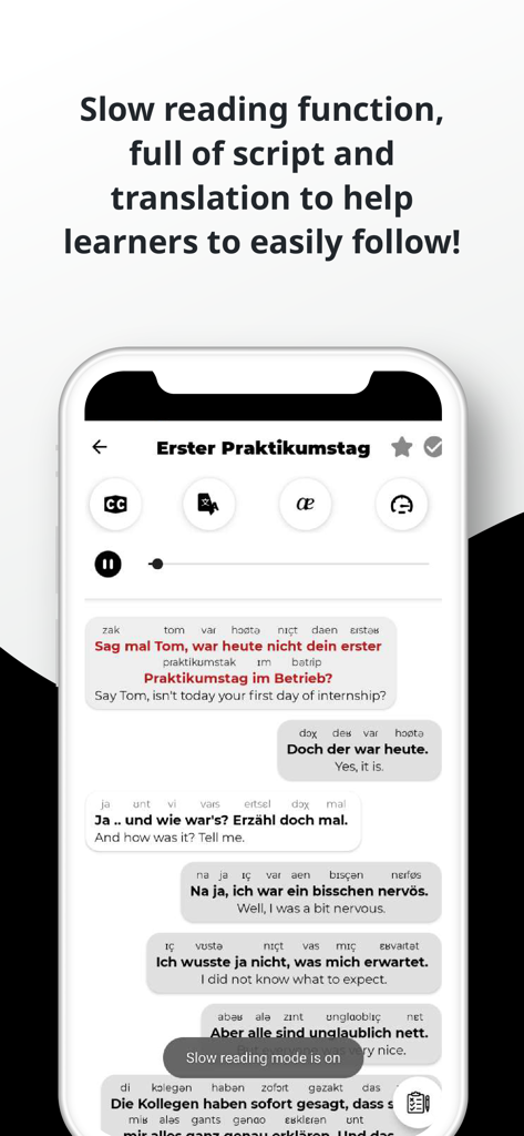 Capture d'écran de l'application Allemand Écoute et Parole affichant une conversation avec le mode de lecture lente, le script mis en surbrillance et les traductions en anglais.