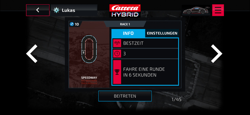 Carrera - HYBRID - Race information screen in the Carrera Hybrid app showing a speedway track diagram and lap objectives.
