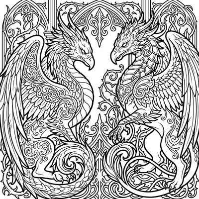 Delve into a realm of dark fantasy with this stunning Gothic Eastern Griffins coloring page. Featuring two majestic mythical creatures intertwined with intricate Victorian-inspired details, this design offers a captivating coloring experience for adults and teens.