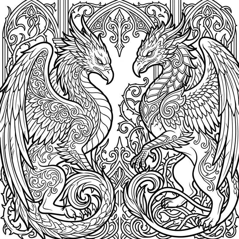 Delve into a realm of dark fantasy with this stunning Gothic Eastern Griffins coloring page. Featuring two majestic mythical creatures intertwined with intricate Victorian-inspired details, this design offers a captivating coloring experience for adults and teens.